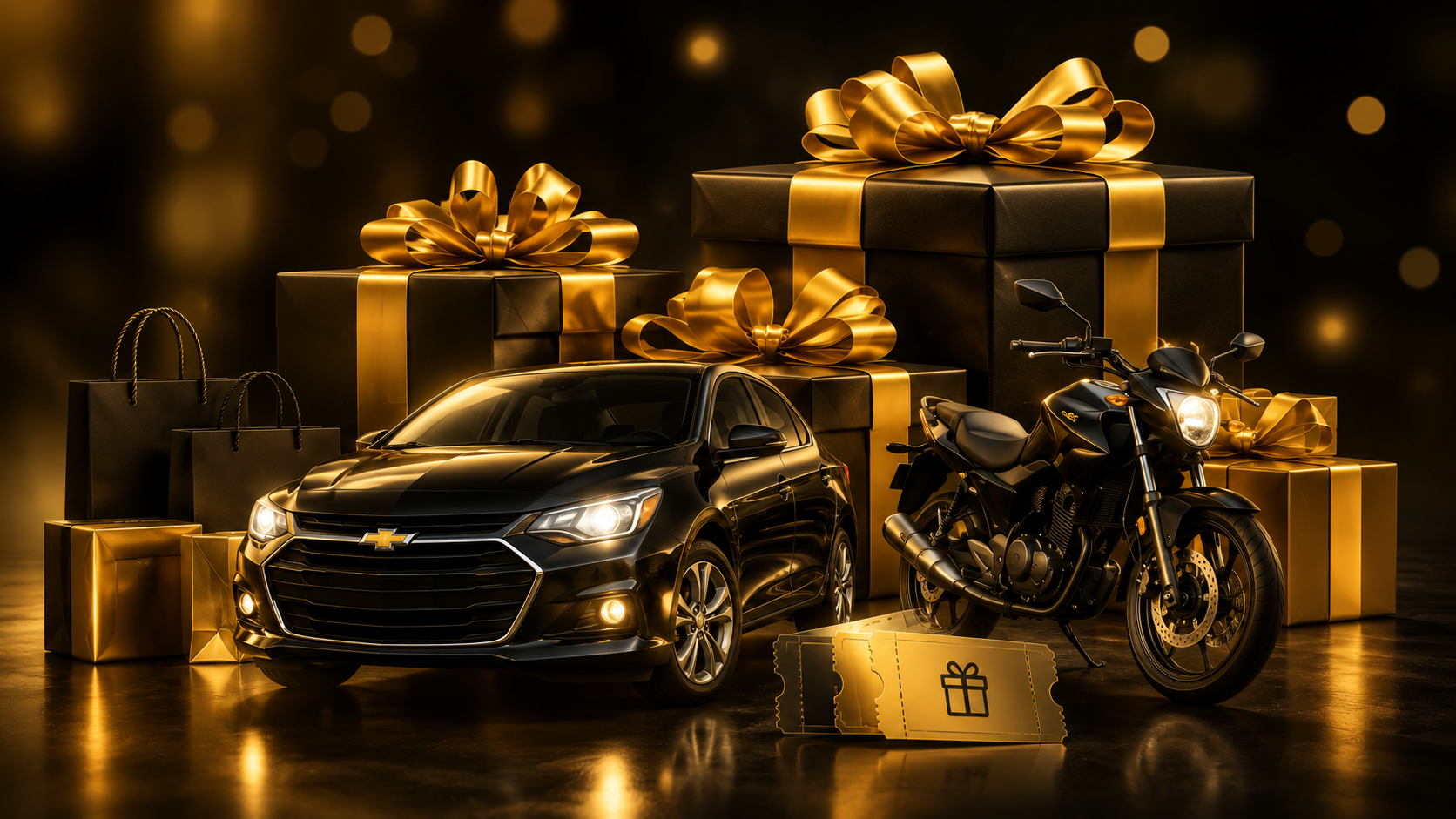Presente preto e dourado dos sorteios mensais
